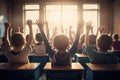 Kids raising hands in lesson facing back 3D illustration, back to school. Generative ai Royalty Free Stock Photo