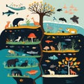 Illustrated Ecosystem with Animals and Aquatic Life Royalty Free Stock Photo