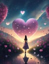 illustrated fantasy animated young girl with heart around