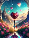 illustrated fantasy animated young girl with heart around