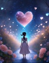 illustrated fantasy animated young girl with heart around