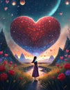 illustrated fantasy animated young girl with heart around