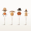 Illustrated Folk Characters: Scarecrow Costumes And Wood Grain Hats Royalty Free Stock Photo