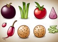 Illustrated food icon set, french fries, ice cream, dish, eggplant, wine and green onion