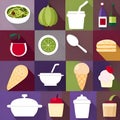 Illustrated food icon set, french fries, ice cream, dish, eggplant, wine and green onion