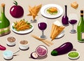 Illustrated food icon set, french fries, ice cream, dish, eggplant, wine and green onion