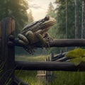 Illustrated frog sitting on a fence forest in the background