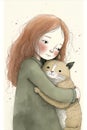 An illustrated girl with red hair lovingly embracing a ginger cat