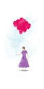 Illustrated girl wearing a purple dress holding balloons.