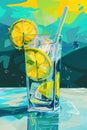 An illustrated glass of sparkling water with lemon slices
