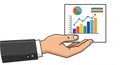 An illustrated hand in a suit presents a chart. The chart features a multicolored pie chart Royalty Free Stock Photo