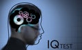 Illustrated head with brain and blurred view of man on color background. IQ test