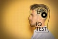 Illustrated head with brain and blurred view of man on yellow background. IQ test