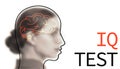 Illustrated head with brain and blurred view of woman on white. IQ test