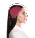 Illustrated head with brain and blurred view of woman on white. IQ test