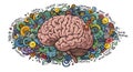 An illustrated human brain surrounded by a colorful array of doodles and symbols Royalty Free Stock Photo