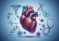 Illustrated human heart is at the center, surrounded by various Royalty Free Stock Photo