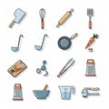 Of illustrated kitchen tools and ingredients on a white backgroun Royalty Free Stock Photo