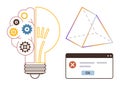 Creative innovation with light bulb mechanics, geometric shapes, and error messages in one visual Royalty Free Stock Photo