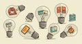 Illustrated light bulbs contain creative elements inside, such as signs, drawings, and Royalty Free Stock Photo
