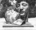 Illustrated line drawing of bronze sculptures by artist Igor Mitoraj. Pompeii ruins art installation.