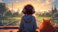 Illustrated Lofi Girl at Peaceful Garden with Headphones and Cat Royalty Free Stock Photo