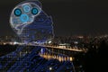 Illustrated man with virtual brain and night cityscape on background. Machine learning concept