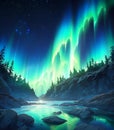 Magical anime scene of glowing northern lights