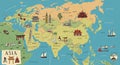Illustrated map of Asia features landmarks, cultural symbols, and geographical Royalty Free Stock Photo