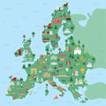 Illustrated map of Europe continent with famous landmarks and buildings.