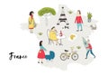 Illustrated Map of France with cute and fun hand drawn characters, plants and elements. Color vector illustration Royalty Free Stock Photo