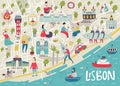 Illustrated Map of Lisbon with cute and fun hand drawn characters, local plants and elements. Color vector illustration Royalty Free Stock Photo