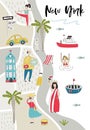 Illustrated Map of New York with cute and fun hand drawn characters, plants and elements. Color vector illustration Royalty Free Stock Photo