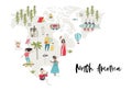 Illustrated Map of North America with fun hand drawn characters, plants and elements. Cartoon color vector illustration