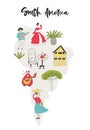 Illustrated Map of South America with fun hand drawn characters, plants and elements. Cartoon color vector illustration