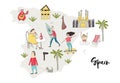 Illustrated Map of Spain with cute and fun hand drawn characters, plants and elements. Color vector illustration