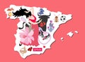 Illustrated map of Spain with flamenco dancer woman, black bull, mill, guitar,sangria and another spanish symbols Royalty Free Stock Photo