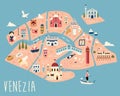 Illustrated map of Venice with famous symbols, landmarks and building. Royalty Free Stock Photo