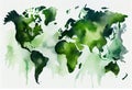 Illustrated map of the world with a isolated background. green heaven watercolor. Generate Ai.