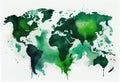 Illustrated map of the world with a isolated background. green heaven watercolor. Generate Ai.