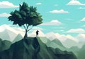 Illustrated Mountain Scenery: Breathtaking Views, Silhouetted Hiker, and Blue Sky