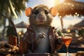 Illustrated mouse, sunglasses, cocktail, beach party setting