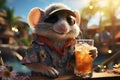 Illustrated mouse, sunglasses, cocktail, beach party setting