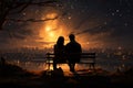 Illustrated night, Moonlit bench, rear-view hug, falling star a couples cosmic connection