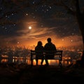 Illustrated night, Moonlit bench, rear-view hug, falling star a couples cosmic connection