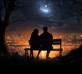 Illustrated night, Moonlit bench, rear-view hug, falling star a couples cosmic connection