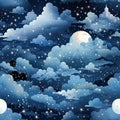 Illustrated night sky with clouds, stars, and moon in a repeating pattern (tiled)