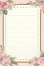 an illustrated notepad, thick writing lines, with beautiful Pink Rose border Royalty Free Stock Photo