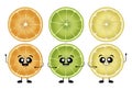 Illustrated orange, green lemon and yellow lemon cut in a half with animated and fun faces, arms and legs