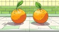 Illustrated oranges on a kitchen counter with green tiles.